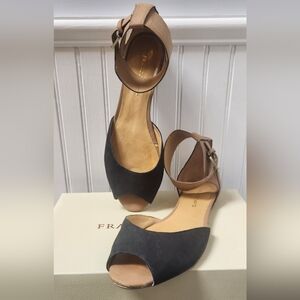 FRANCO SARTO Black Suede and Camel Vegan Leather Peep Toe Ankle Strap Flats